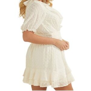 Guess Dress Woman's Medium Ivory Maribel Ruffle  Eyelet Mini Dress Short Sleeves
